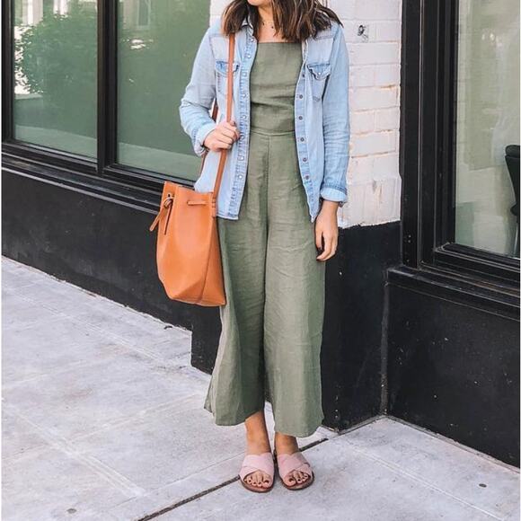 Old Navy Green Linen Wide Leg Square Neck Smocked Jumpsuit (Small) - Picture 1 of 9